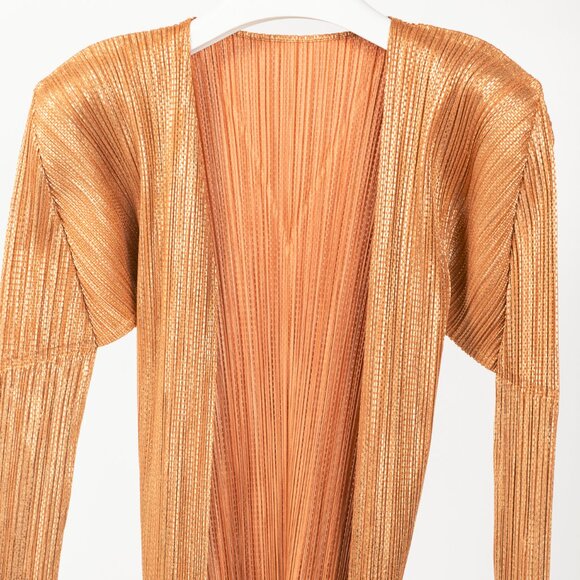 Pleats Please Issey Miyake Terracotta Metallic-Pattern Open-Front Cardigan - Picture 3 of 8